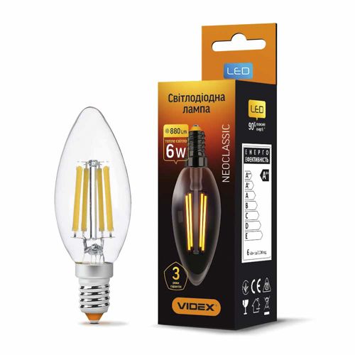 Лампа LED Videx філаментна C37F 6W 3000К E14