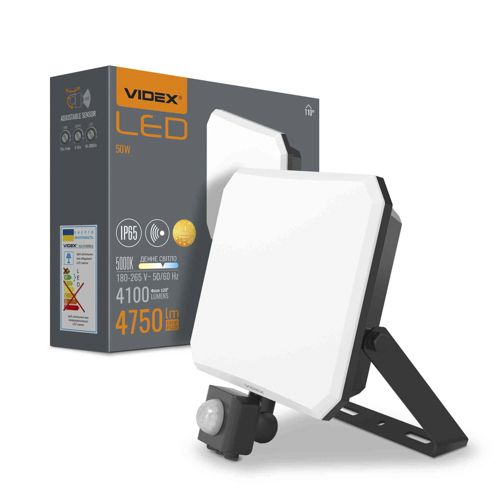 LED прожектор Videx F3 50W 5000К з датчиком руху 220V чорний