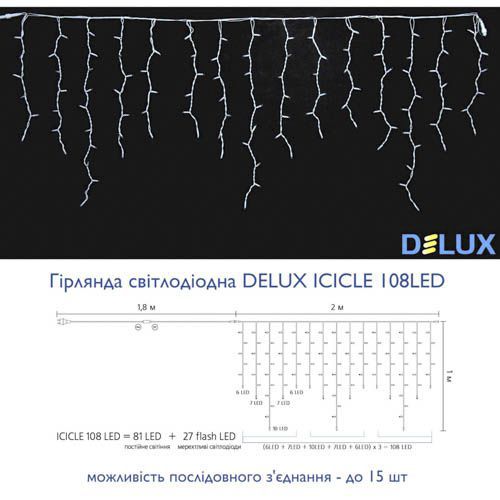 Зовнішня гірлянда Delux ICICLE 108LED 2x1м блимаюча тепле біле білий провід IP44