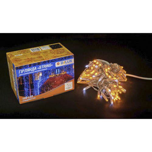 Зовнішня гірлянда Delux STRING 100LED 10м блимаюча жовте/біле прозорий провід IP44
