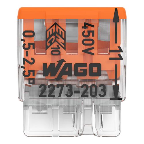 Клема COMPACT PUSH WIRE WAGO 3-провідна 0.5-2.5 мм.кв прозора/помаранчева без пасти