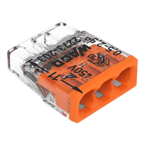 Клема COMPACT PUSH WIRE WAGO 3-провідна 0.5-2.5 мм.кв прозора/помаранчева без пасти