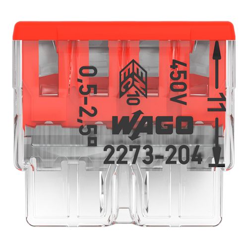 Клема COMPACT PUSH WIRE WAGO 4-провідна 0.5-2.5 мм.кв прозора/червона без пасти
