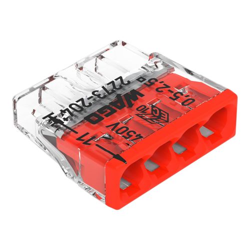 Клема COMPACT PUSH WIRE WAGO 4-провідна 0.5-2.5 мм.кв прозора/червона без пасти