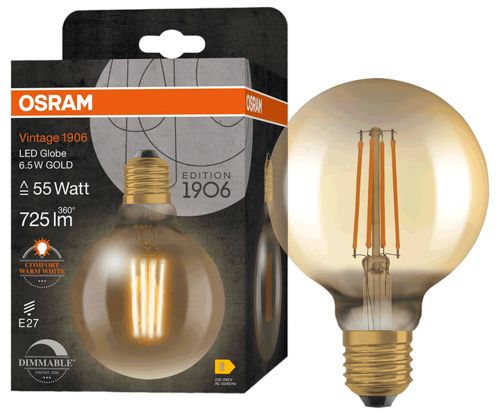 Лампа LED OSRAM філаментна VINTAGE 1906 GLOBE 95 DIM 6,5W 824 230V FIL GD E27 4X1