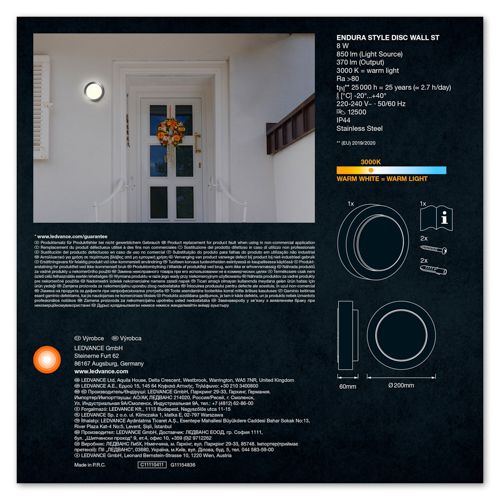 LED cвітильник настінний LEDVANCE 8W 3000K IP44 Endura Disc