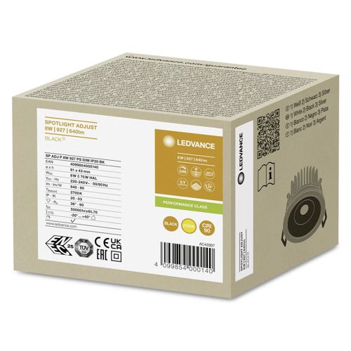 LED світильник LEDVANCE вбудований димований SP ADJP 8W 2700К PS DIM IP20 Чорний