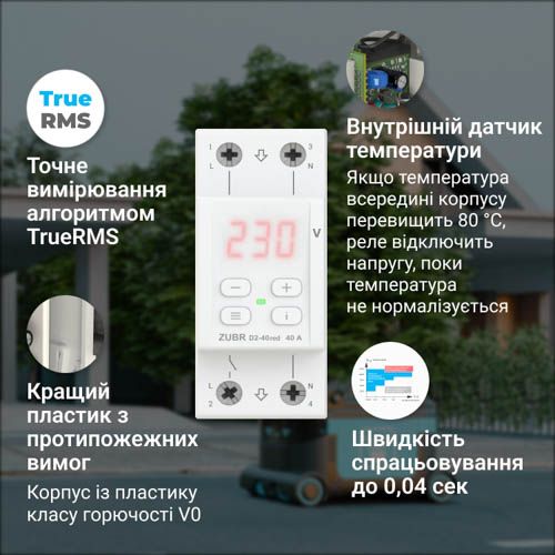 Реле напруги ZUBR D2-32 red 32А компактне на DIN-рейку з термозахистом