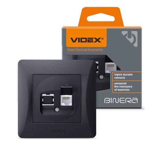 Розетка CAT6 одинарна комп'ютерна VIDEX BINERA чорний графіт