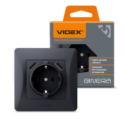 Розетка одинарна із заземленням та 2USB VIDEX BINERA чорний графіт