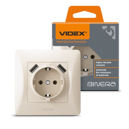 Розетка одинарна із заземленням та 2USB VIDEX BINERA кремова