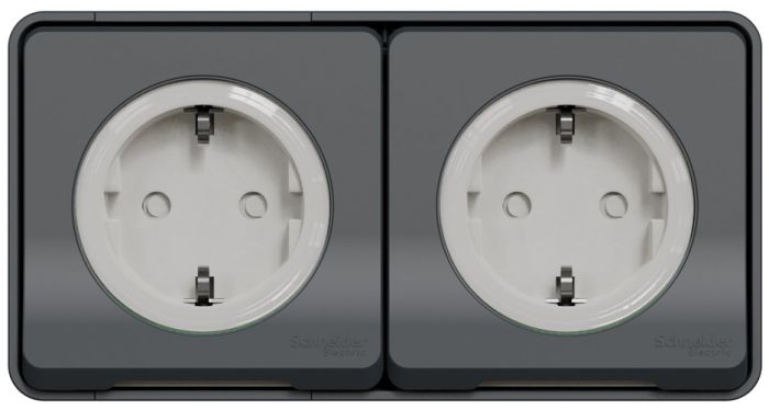 Розетка подвійна з заземленням і шторками IP55 Schneider Electric чорна Mureva Styl