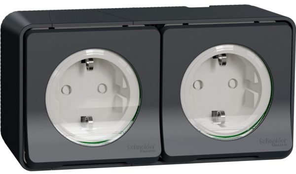 Розетка подвійна з заземленням і шторками IP55 Schneider Electric чорна Mureva Styl