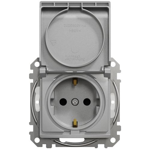 Розетка з заземленням, шторками та кришкою IP44 Schneider Electric алюміній Sedna Design