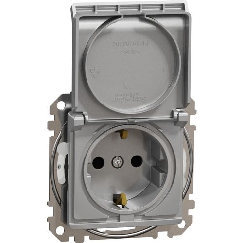 Розетка з заземленням, шторками та кришкою IP44 Schneider Electric алюміній Sedna Design