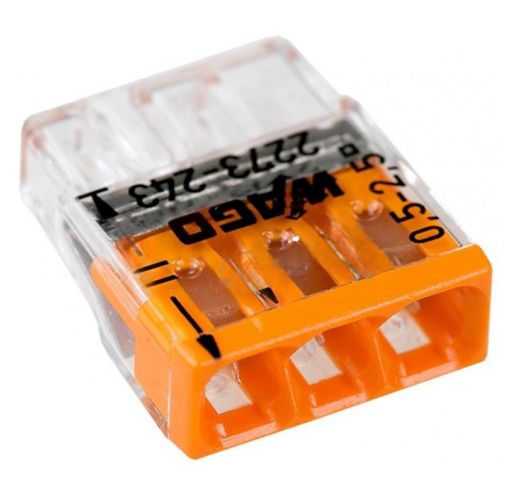 Клема COMPACT PUSH WIRE WAGO 3-провідна 0.5-2.5 мм.кв прозора/помаранчева з пастою