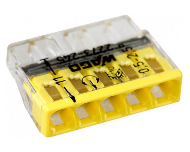 Клема COMPACT PUSH WIRE WAGO 5-провідна 0.5-2.5 мм.кв прозора/жовта з пастою